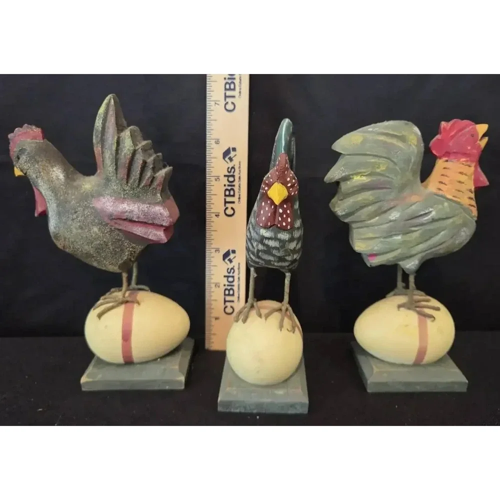 Set of 3 Decorative Roosters Sitting on Eggs
